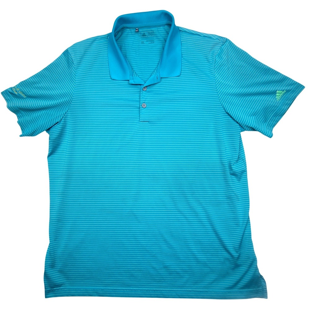 Adidas Golf Mens XL Teal Blue Lime Green Striped Polo Shirt Green & Gold Cup